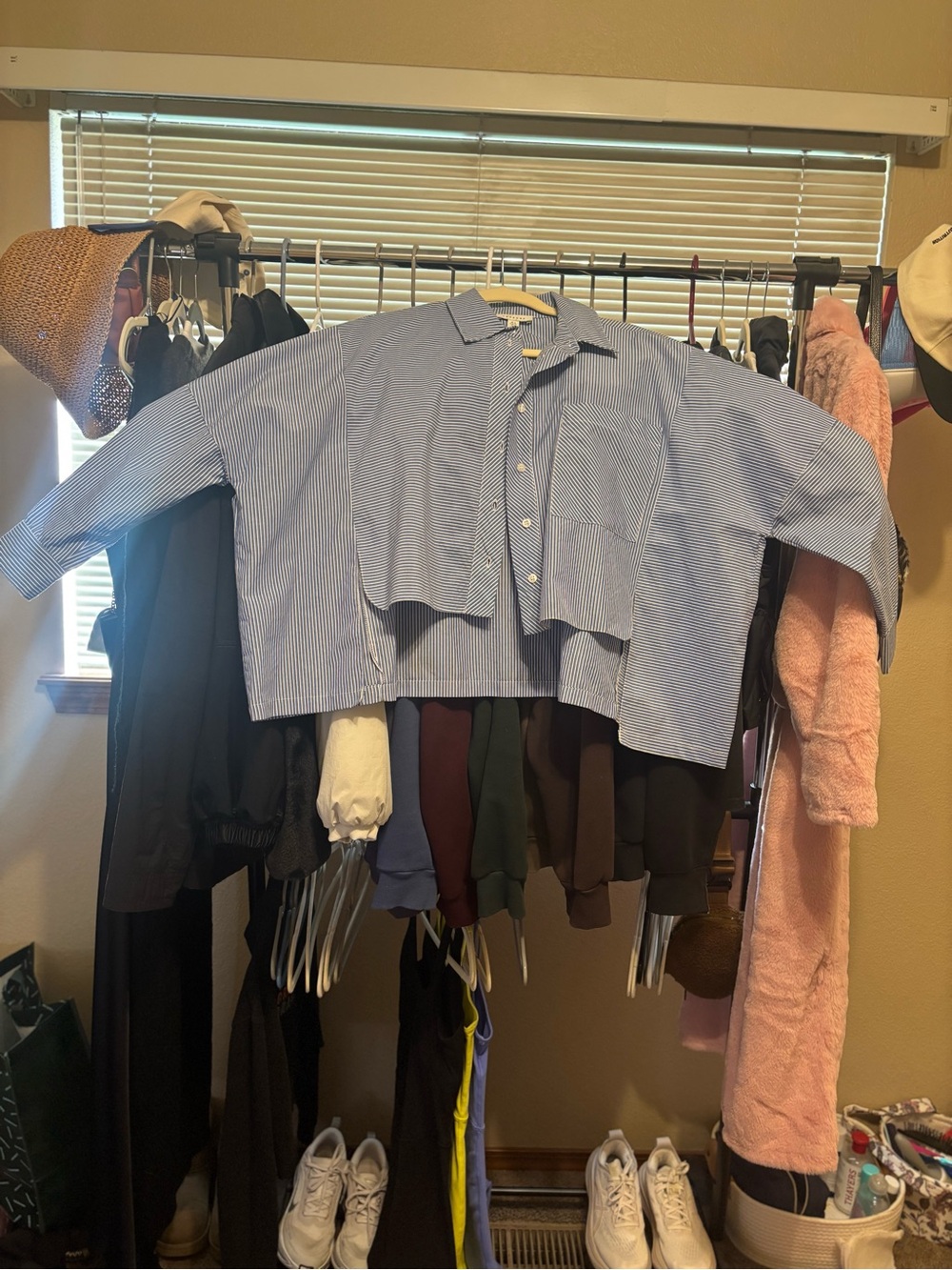 Topshop Light Blue and White Striped Cropped Shirt